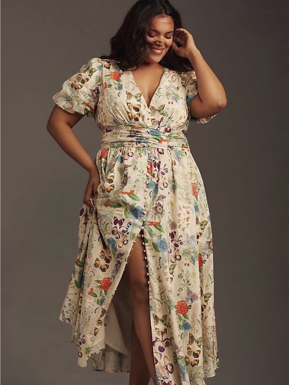 Anthropologie Katerina Button fromt Cream Floral Dress with Multicolor Print
